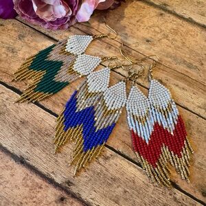 Beaded Fringe Earrings in Red, Blue, Green, and Gold